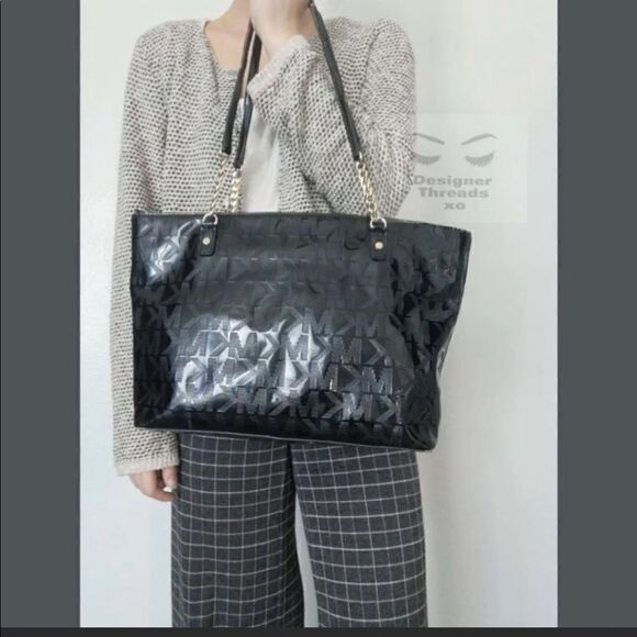 Mk michael Kors black patent leather signature jet set logo tote bag purse bag - Picture 6 of 10
